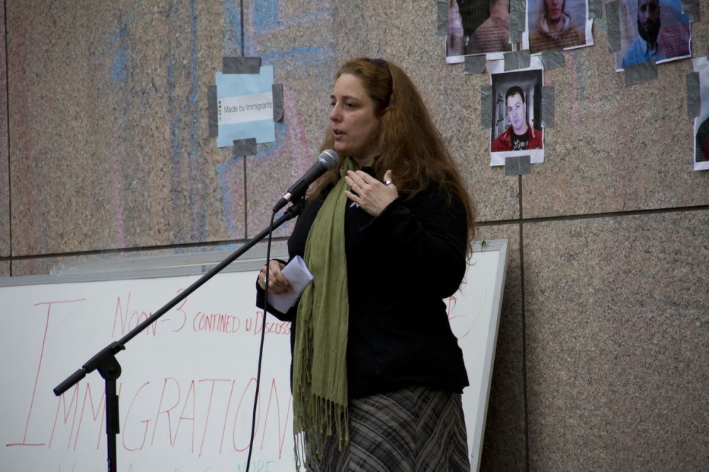 <p>Tania Bruguera, <em>Immigrant Movement International.</em> Presentation organized by Experience Economies as a part of the Free School University Immigration Forum, 2011. Occupy Boston. Photo: Scott Berzofsky.</p>