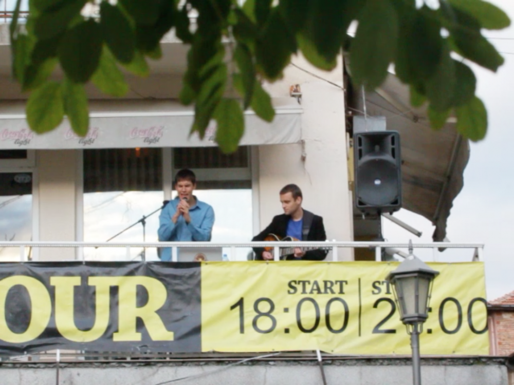<p>Big Banda performing as a part of the event <em>How to Disable Placemakers</em>. Experience Economies, <em>At Home He’s a Tourist</em>, 2014. One Architecture Week, Plovdiv. Photo: Gavin Kroeber.</p>